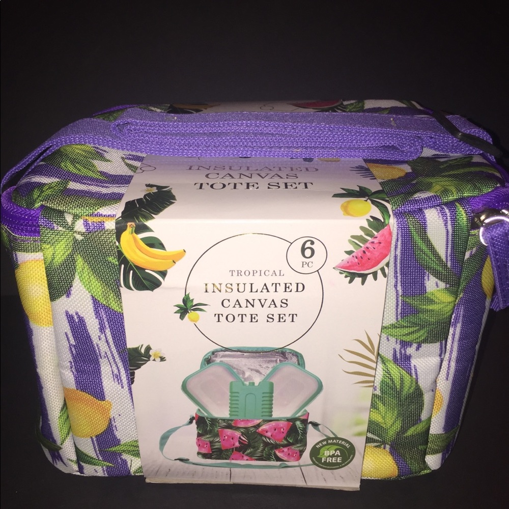6pc Tropical Insulated canvas lunch tote bag